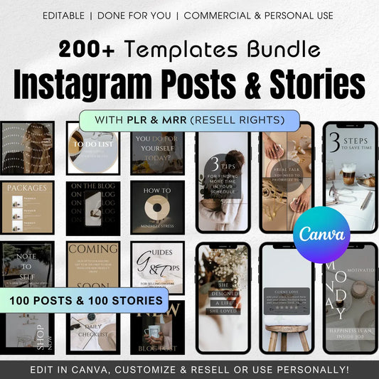 200+ TEMPLATES Bundle INSTAGRAM Posts & Stories (PLR&MRR)